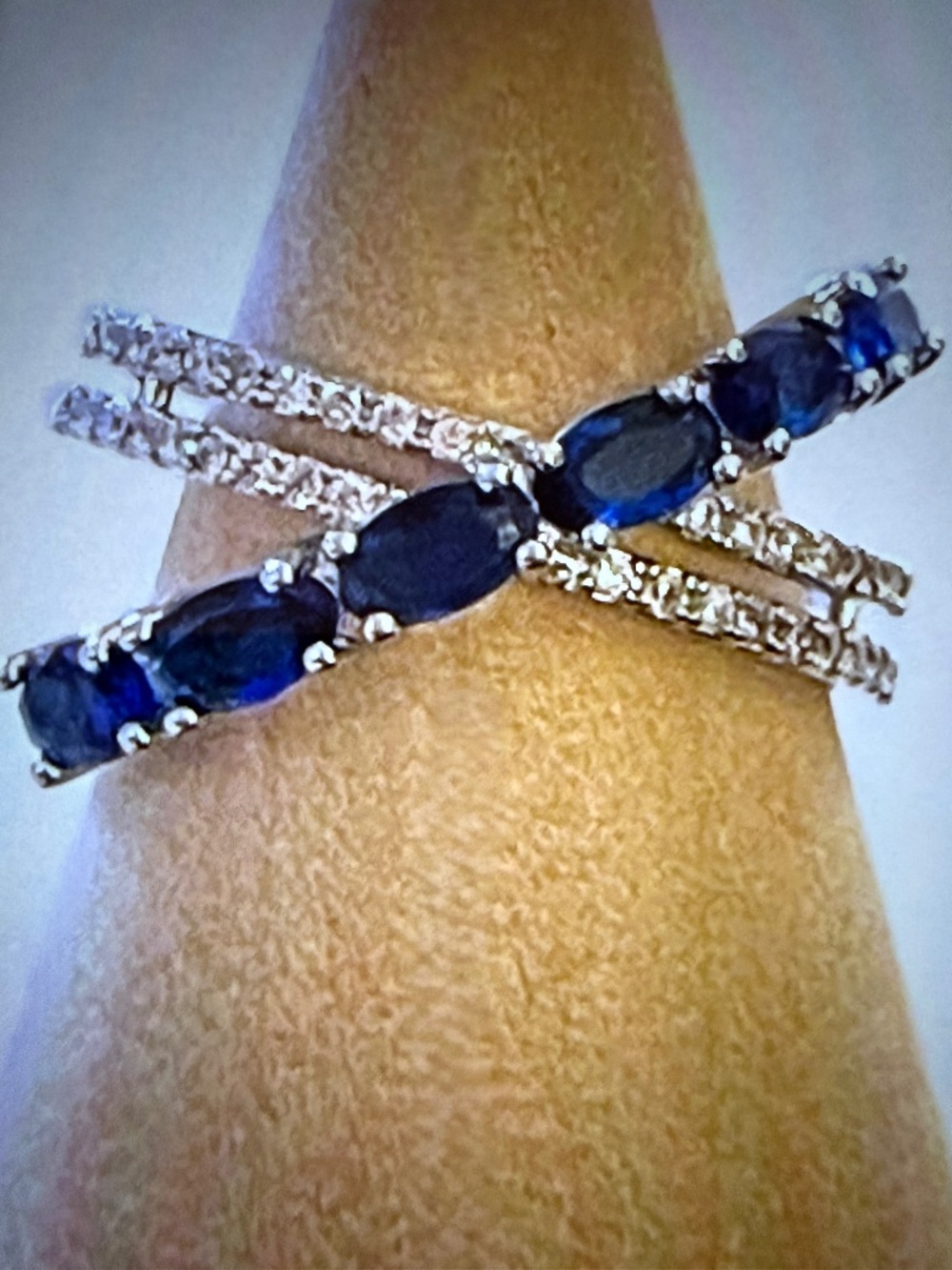 Blue and White Sapphire Crossover Ring: 14kt White Gold/Silver